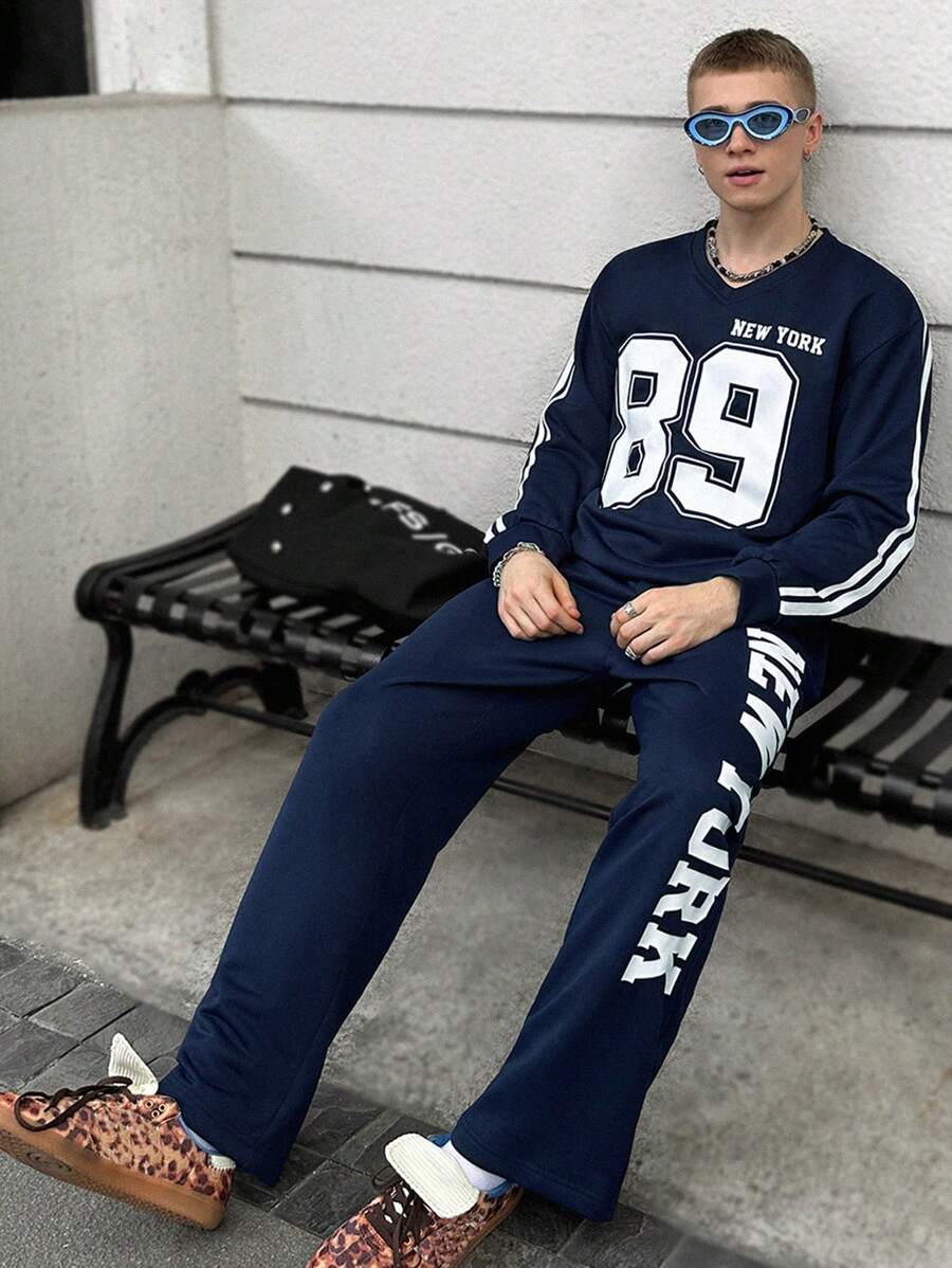 Manfinity VCAY Set de 2 piezas de sudadera informal de punto holgada de manga larga con estampado numérico y pantalones rectos de cintura elástica, moda juvenil