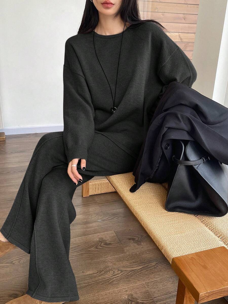 DAZY 2pcs/Set Women Solid Color Crew Neck Long Sleeve Sweater Top And Wide Leg Pants Casual Knit Suit