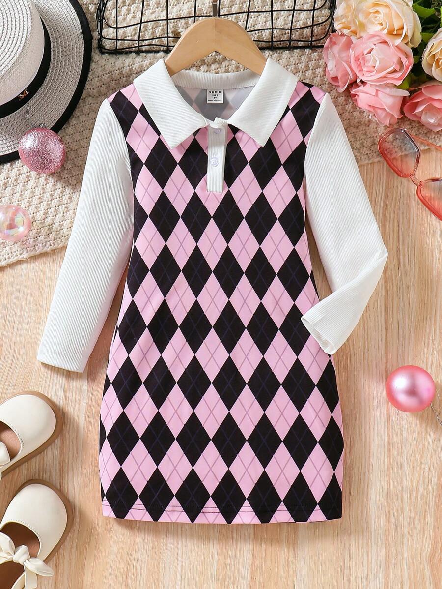 SHEIN Young Girl Casual Rhombus Printed Splice Long Sleeve Shirt Dress