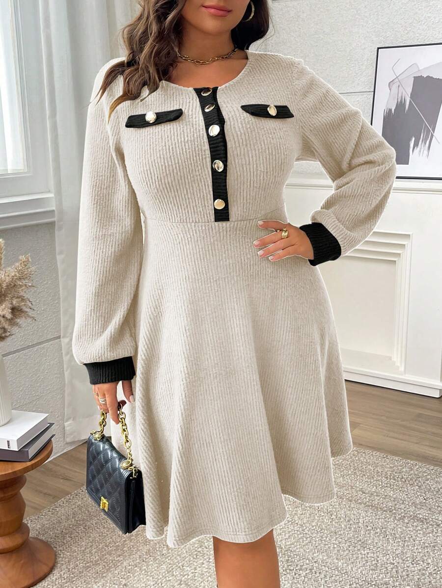 Franclia Plus Size Solid Color Patchwork Round Neck Front Button Casual Mini Dress, Long Sleeve