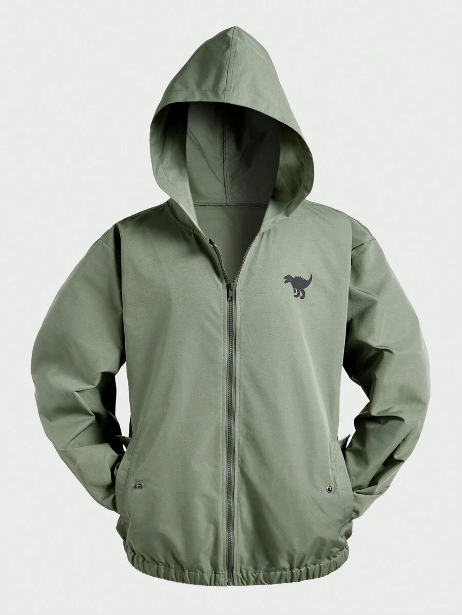 Manfinity Homme Men's Dinosaur Print Hooded Jacket, Green Casual Windbreaker For Outdoor Daily Wear