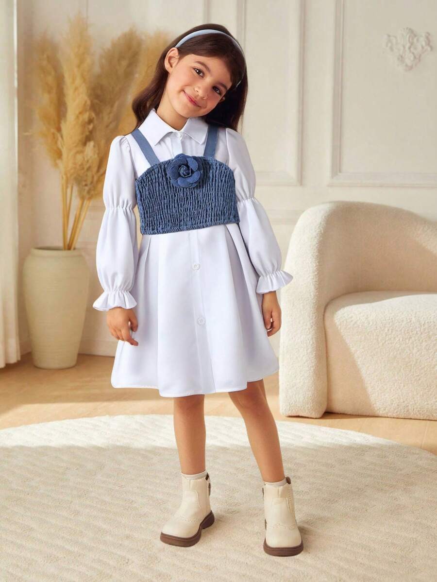 2pcs/Set Girls Fashionable Puff Sleeve Shirt Dress + Casual Flower Strap Vest Outfit, Fall/Winter
