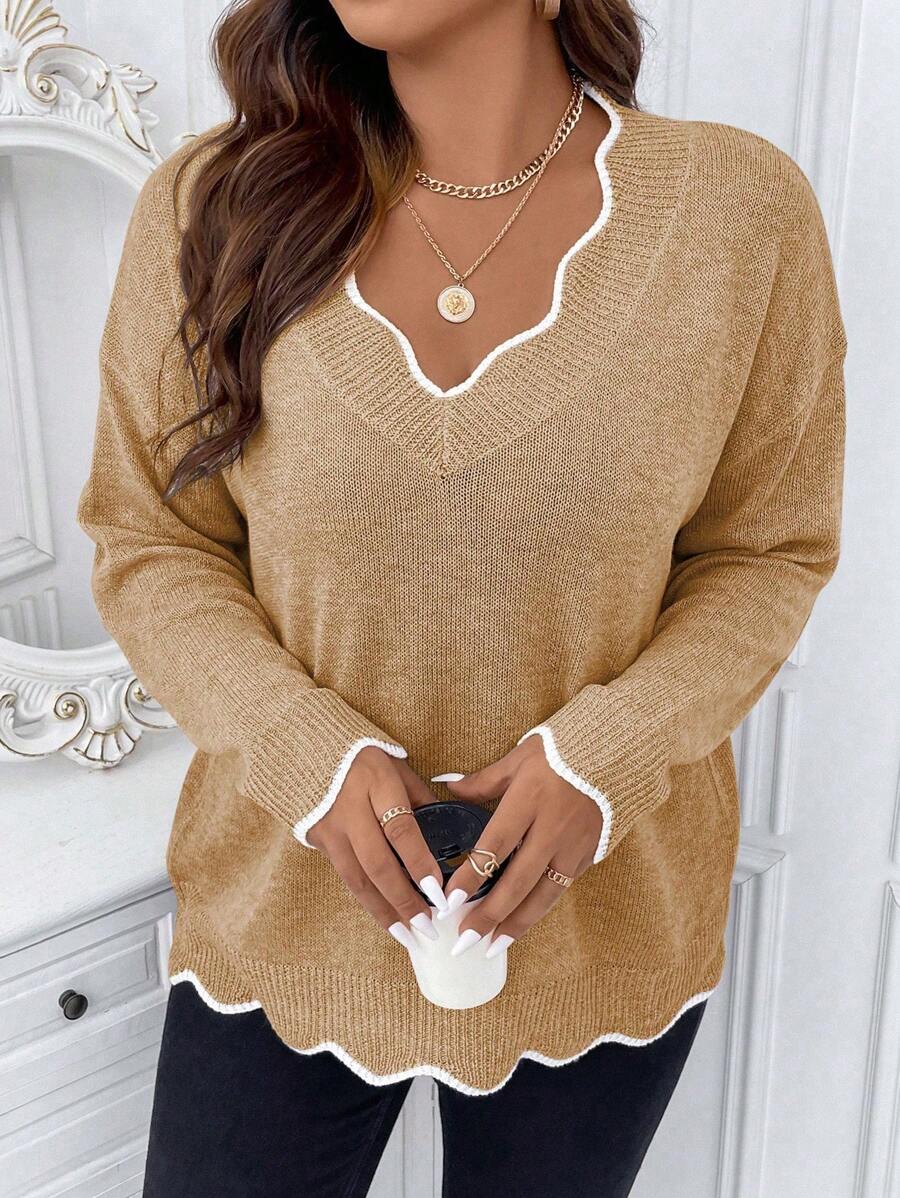Calvaya Pull long à manches longues avec bordure bicolore, tailles grandes, pour l'hiver