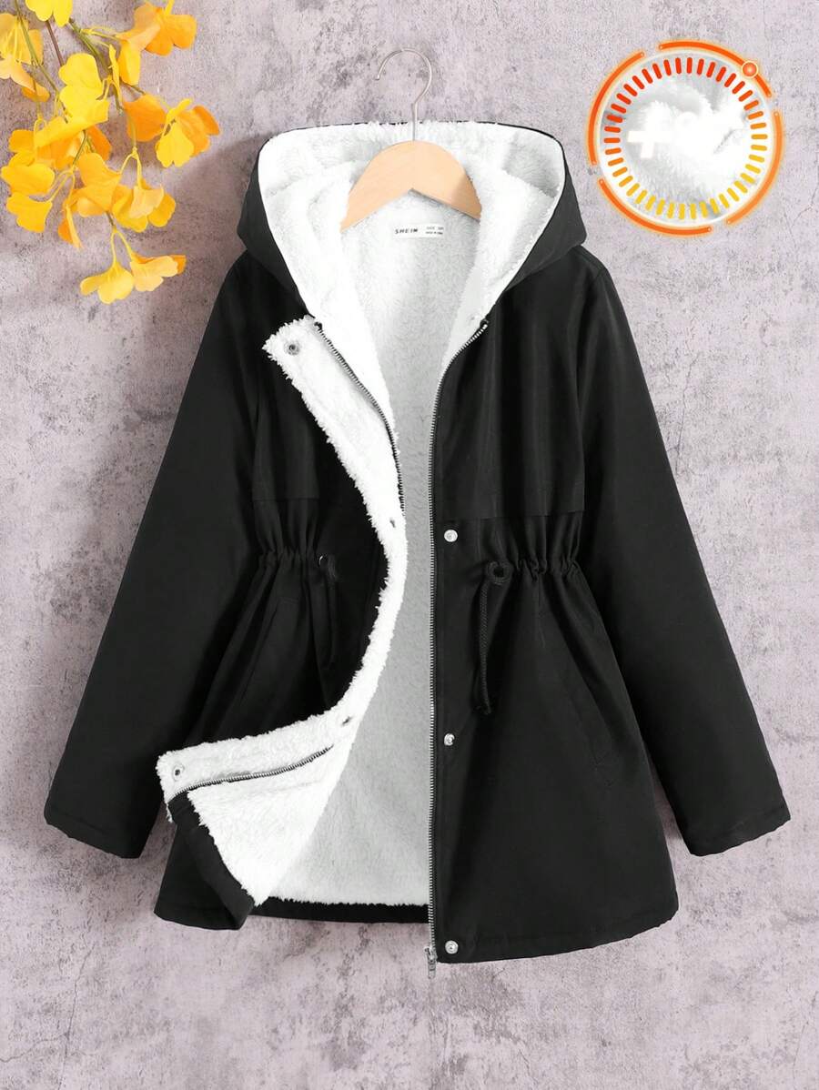 SHEIN Parka con capucha para niñas preadolescentes, de cintura ceñida, forrada térmicamente, de hombros caídos, estilo casual y cómodo, adecuada para otoño e invierno, versátil y clásica