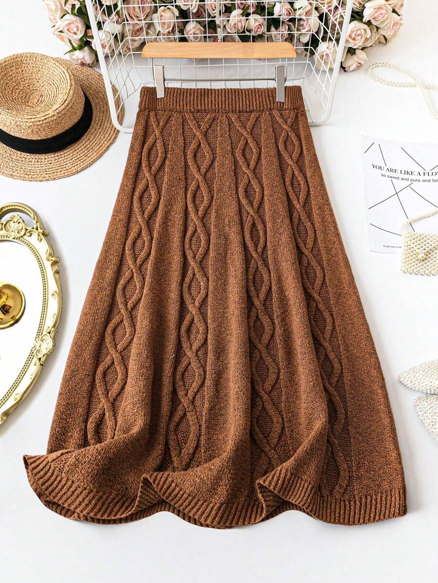 EMERY ROSE Plus Solid Cable Knit Sweater Skirt, For Winter