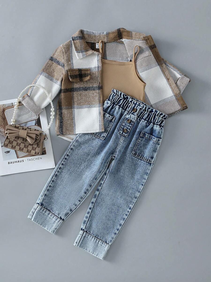 3pcs Young Girl Fashionable Outfit: Plaid Shacket + Solid Color Ribbed Camisole + Stylish Casual Pants, Spring Autumn
