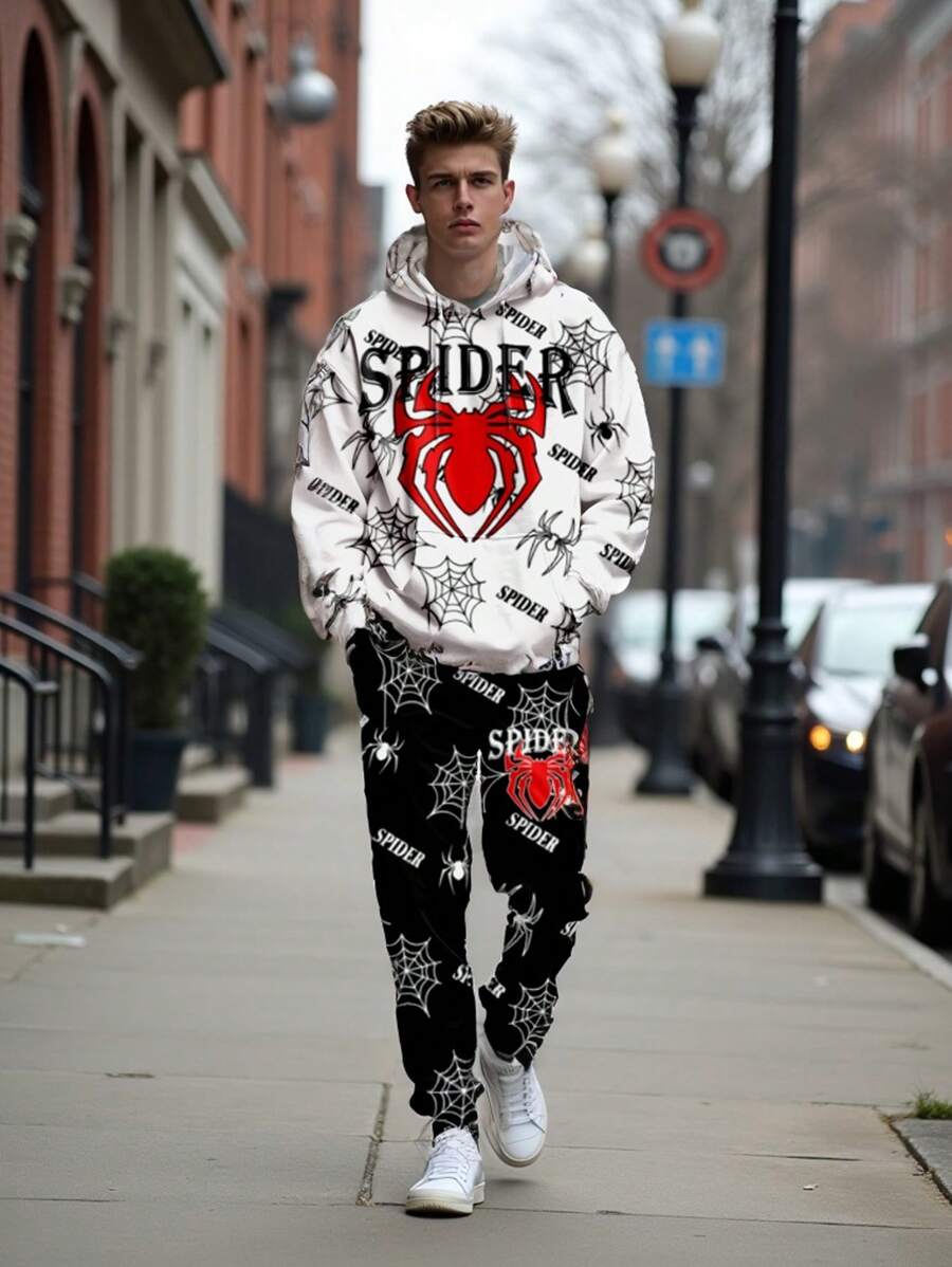 Manfinity VCAY Men's Knit Casual Loose Long Sleeve Hooded Sweatshirt & Drawstring Waist Straight Leg Pants 2 Pieces Suit Set