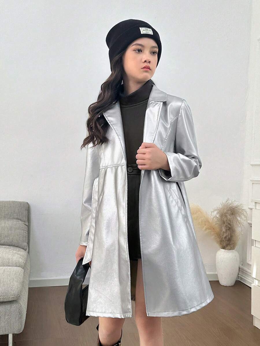 SHEIN Tween Girls' Casual Loose Minimalist Fashion Raglan Waist PU Leather Trench Coat