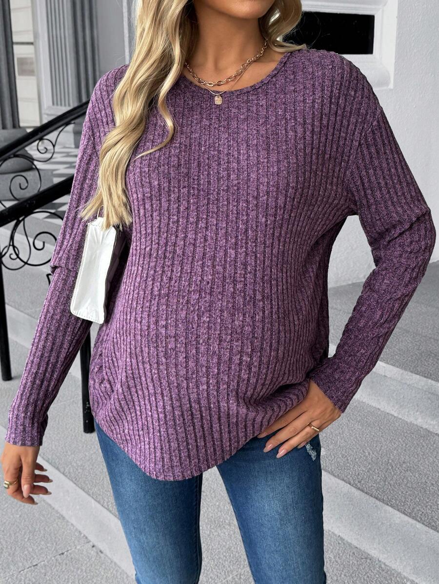 SHEIN Maternity Casual Solid Color Ribbed Knit Long Sleeve T-Shirt, Knit T-Shirt, Autumn