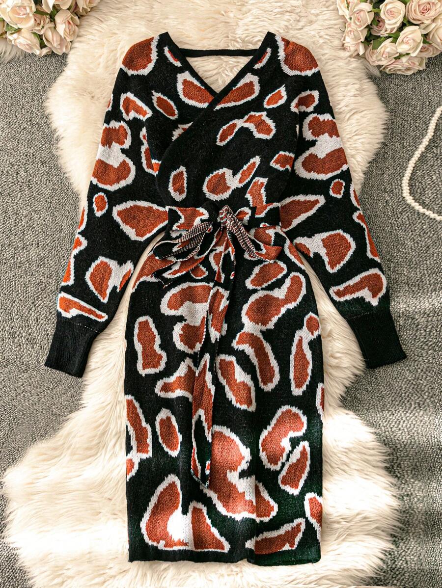 SHEIN Clasi 2024 Nowa Moda Leopard Print Criss-Cross Sweter Sukienka Dla Kobiet