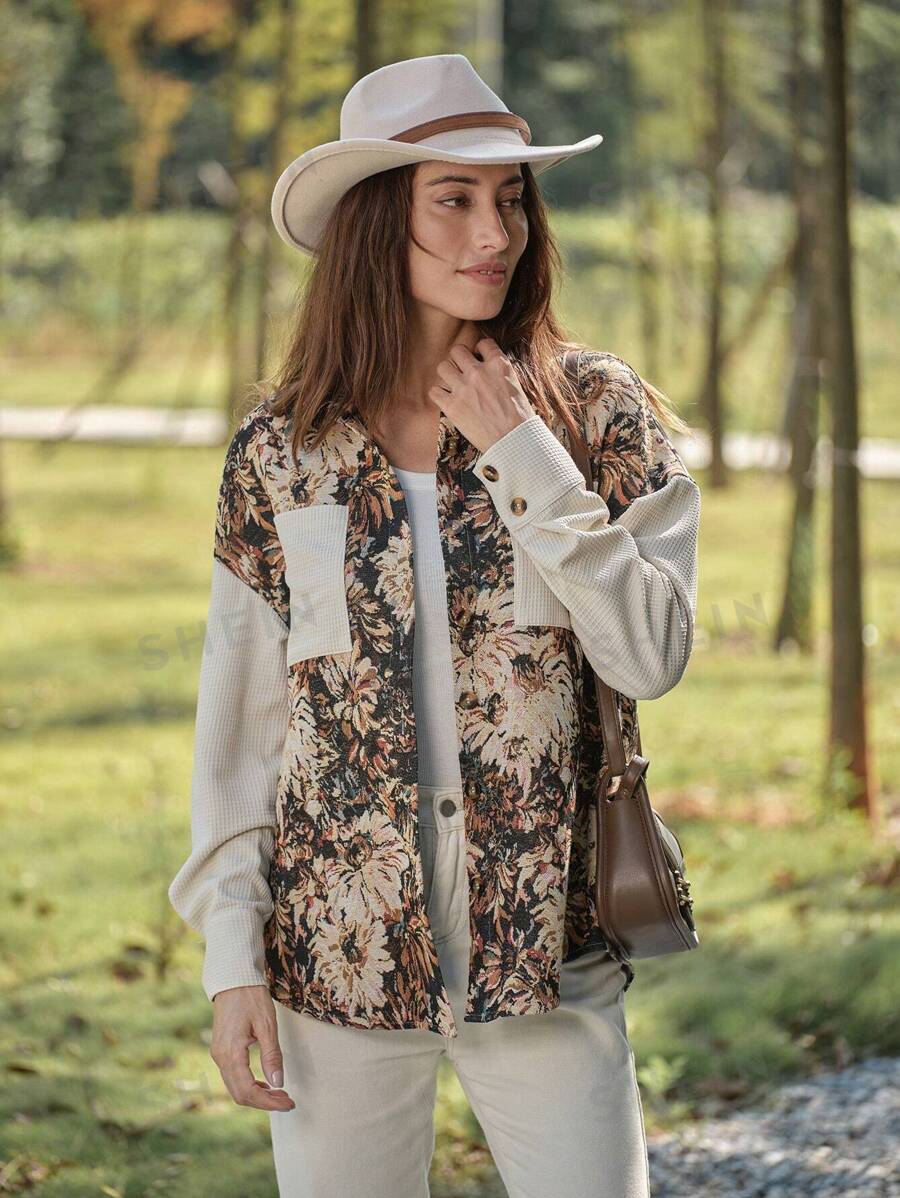 LanaWest 1 pieza Chaqueta casual de cuello camisero con manga larga, hombros caídos y parche de jacquard para otoño