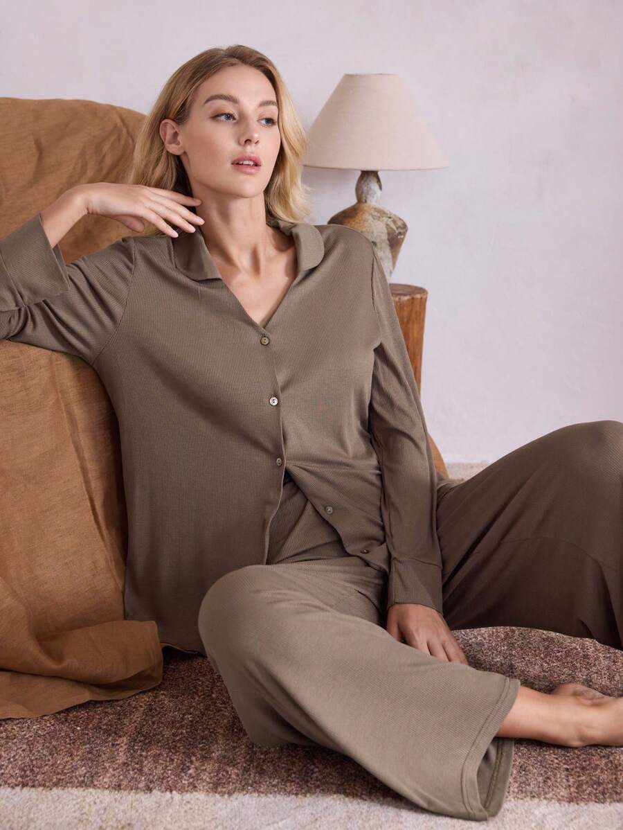Ocili Ocili Leisure Women Plain Front Button Closure Long Sleeve Top And Long Pants Loungewear Set