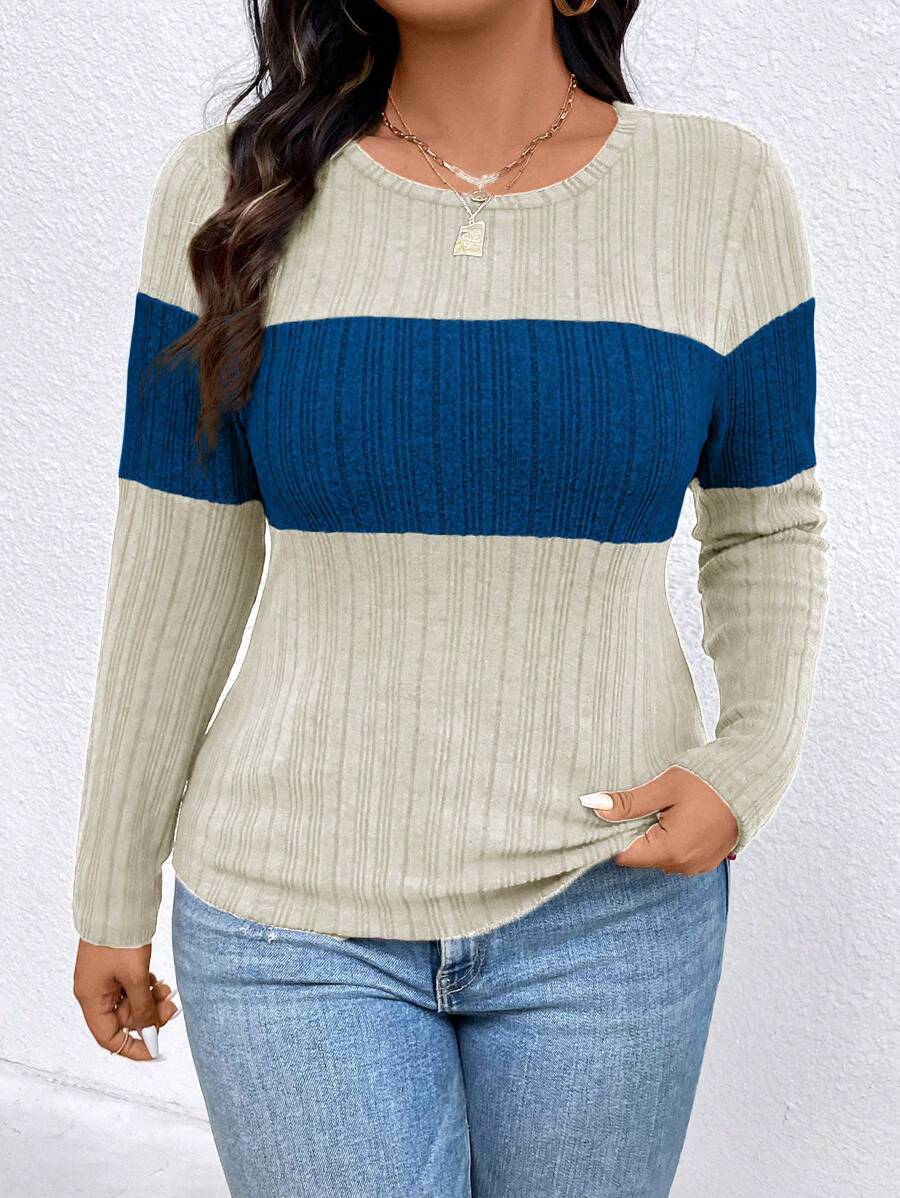 SHEIN LUNE Plus Size Round Neck Long Sleeve Solid Color Stitching Simple T-Shirt Daily Leisure Graphic Tees Women Tops For Spring Outfit