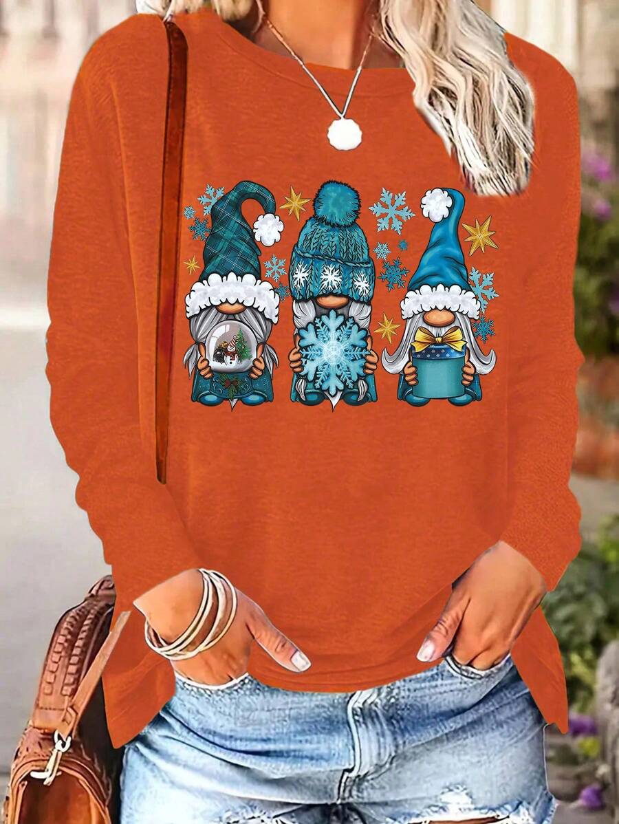 INAWLY Christmas Print Crew Neck T-Shirt, Casual For Autumn/Winter Graphic Tees Women Tops