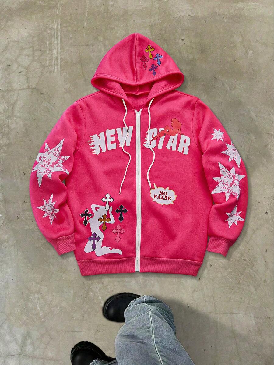 Manfinity EMRG Sudadera con capucha y cremallera con estampado de estrella y cruz en 'INS' color rosa para hombre, sudadera con capucha de manga larga con cremallera estilo rapero 'Y2K' de uso diario, regalo para amigos, esposo, novio