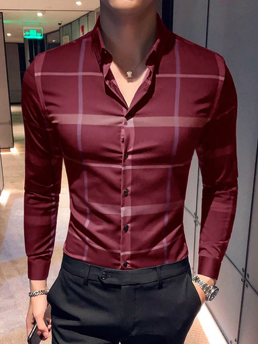 Manfinity Mode Men's Button-Front Long Sleeve Plaid Casual Top, Minimalist Style, Daily/Leisure Wear