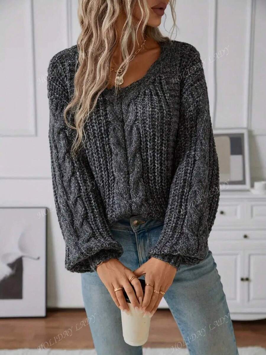 1pc Women Solid Color Twist Pattern Casual Pullover Sweater