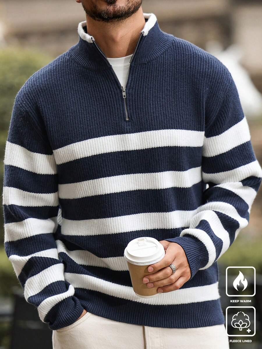 Manfinity CityGents Suéter casual de manga larga con cuello alto de media cremallera, estampado de bloques de color y rayas, para salir, para el esposo