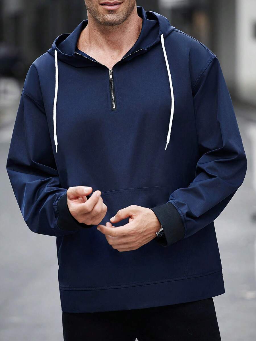 Manfinity Homme Men's Solid Color Long Sleeve Zippered Half Stand Collar Drawstring Hoodie Sweatshirt For Autumn