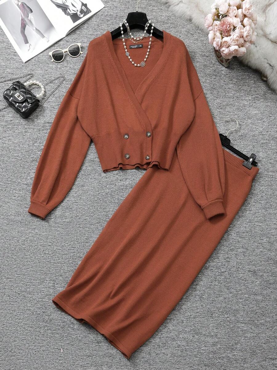 Mulvari Plus Size Women Solid Color Drop Shoulder Long Sleeve Cardigan And Knitted A-Line Skirt Casual Suit Set, Autumn/Winter