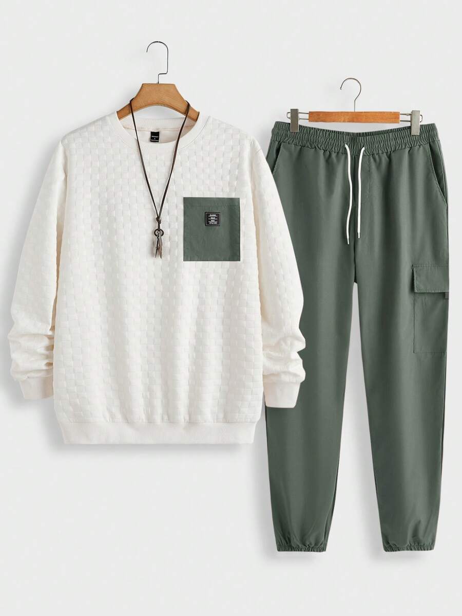 Manfinity RelaxMax Chándal informal de hombre con sudadera de cuello redondo de manga larga con estampado de letras y pantalón cargo, otoño