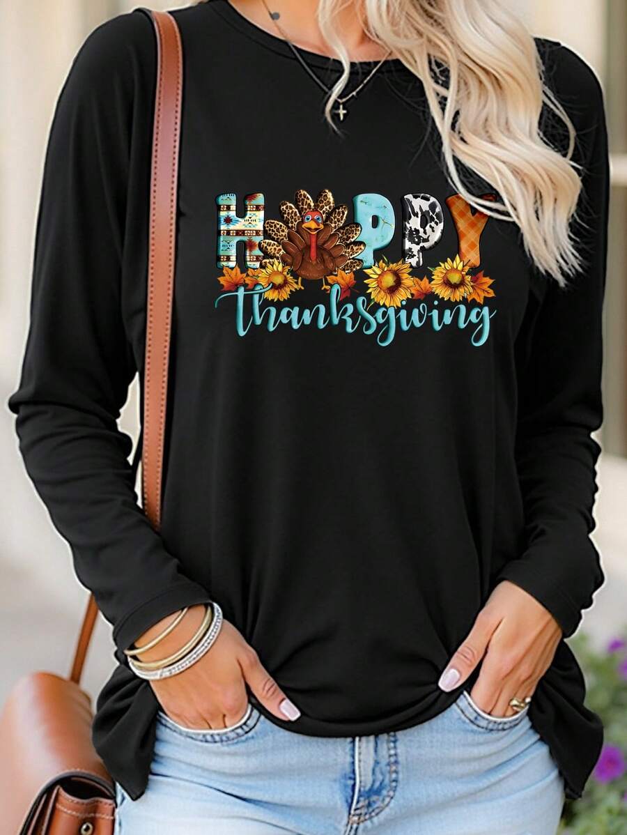INAWLY Thanksgiving Turkey Floral Pattern Graphic And Letter Print Ladies Round Neck Long Sleeve T-Shirt Casual Top Graphic Tees Women Tops For Spring Outfit