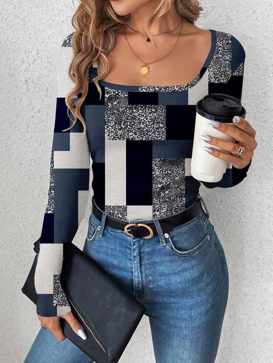 SHEIN LUNE Women Casual Loose Square Neck Retro Pattern Long Sleeve T-Shirt, Suitable As Base Layer For Autumn And Winter