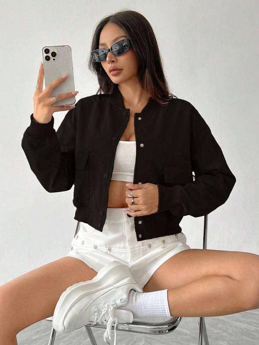 Flirla Casual Snap Button Open Front Loose Fit Baseball Jacket, For Autumn