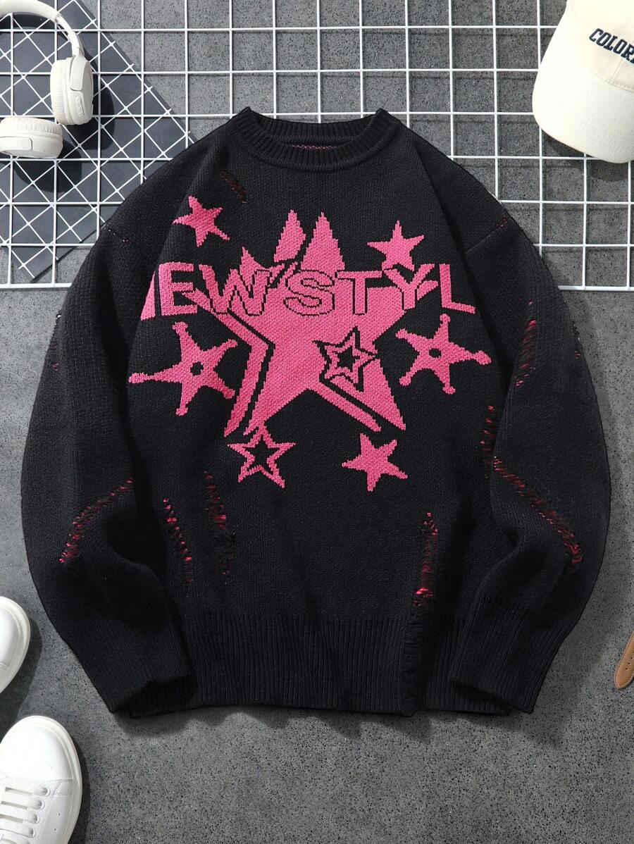 Manfinity EMRG Jersey grueso de cuello redondo con bloqueo de color y estampado de estrella de cinco puntas, de uso casual y versátil, para salir con amigos