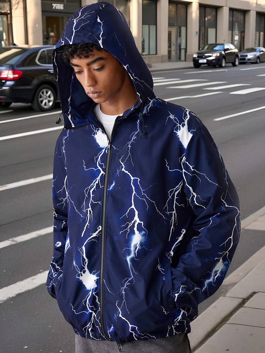 Manfinity VCAY Men's Woven Fashionable Casual Loose Fit Long Sleeve Hooded Jacket For Daily Wear,Sun Protection Waterproof Quick Drying,Blue,Lightning Pattern,Halloween Jakets&Coats