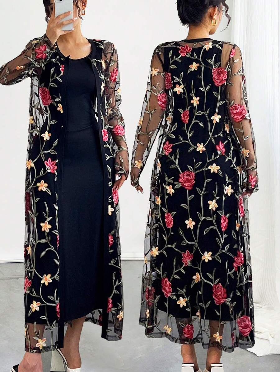 SHEIN LUNE 2pcs Women Casual Lace Embroidery Dress Set