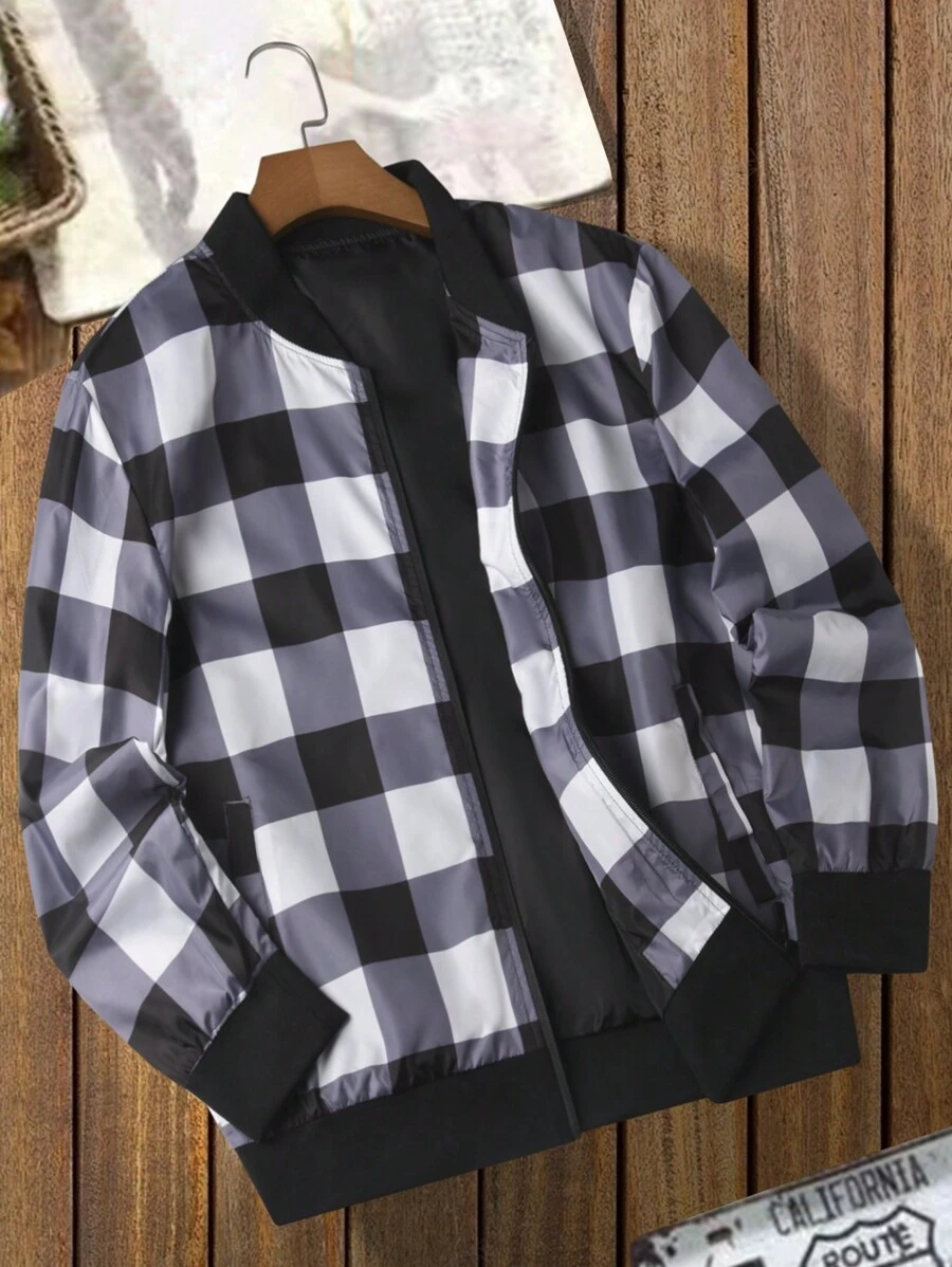 Manfinity Homme Plus Size Men's Casual Everyday Plaid Zip-Up Jacket, Autumn Winter Men Jacket, Going Out Checkered Colorful Long Sleeve Light Jacket, For Friends, Husband, Boyfriend Gifts