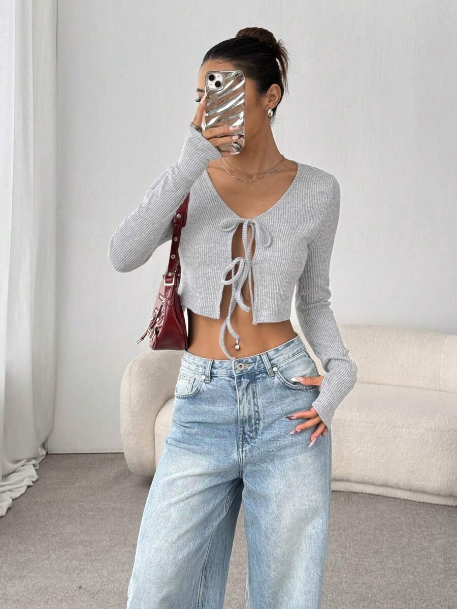 Flirla Vintage American Stylish Short Cardigan For Women, V-Neck Tie-Front Knit Cropped Sweater, Long Sleeve Tee, Slimming, Autumn