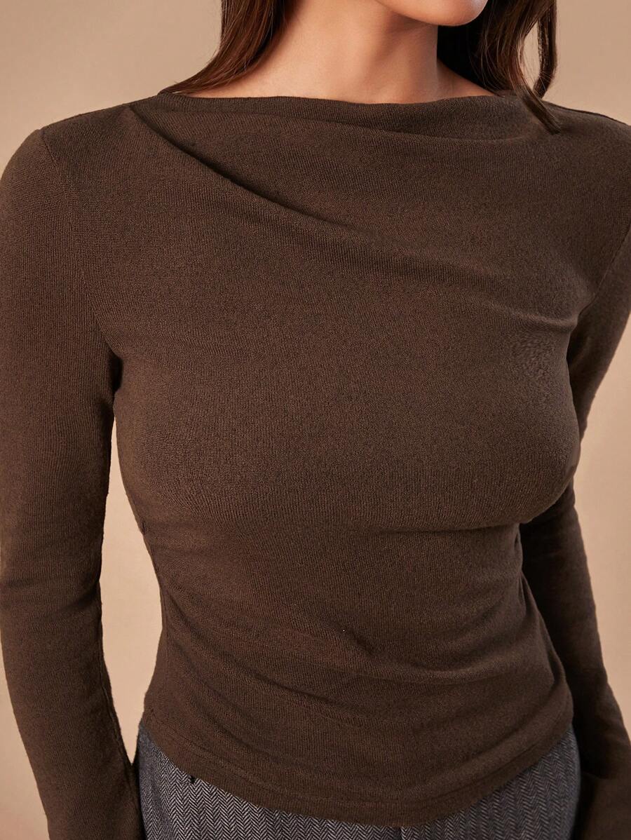 Forever 21 F21 Women's Solid Color Minimalist Elegant Daily Wear Long-Sleeved Slim-Fit T-Shirt