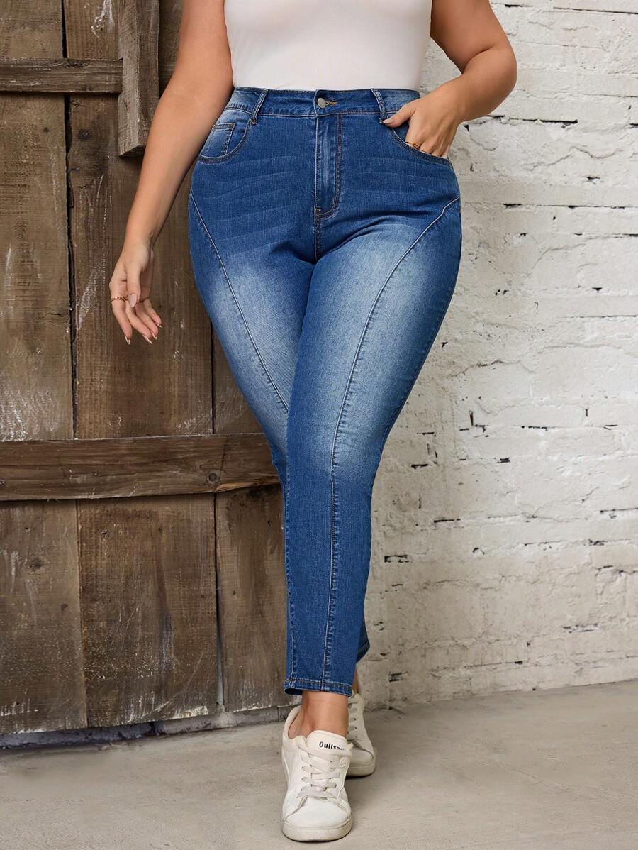 SHEIN LUNE Plus Size Color Block Skinny Pockets Casualowe jeansy na każdy mecz