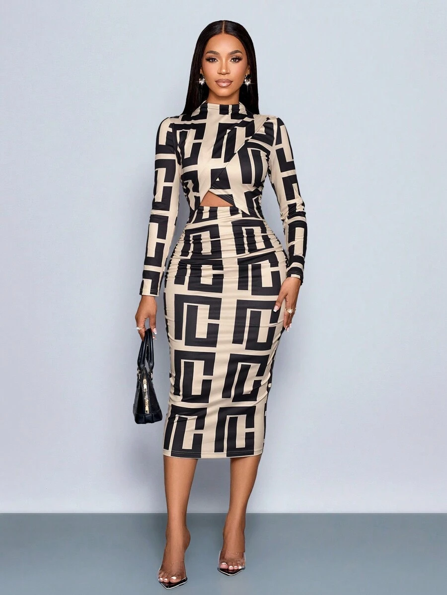SOLERSUN Herfst Dames Zwart Bloemenpatroon Op Abrikoos Achtergrond Jurk, Hoge Hals, Ritssluiting Achterkant, Geplooid, Crossover, Hol Design, Lange Mouw, Middellange Lengte, Geschikt Voor Uitjes, Werk Maxi Dames Outfit