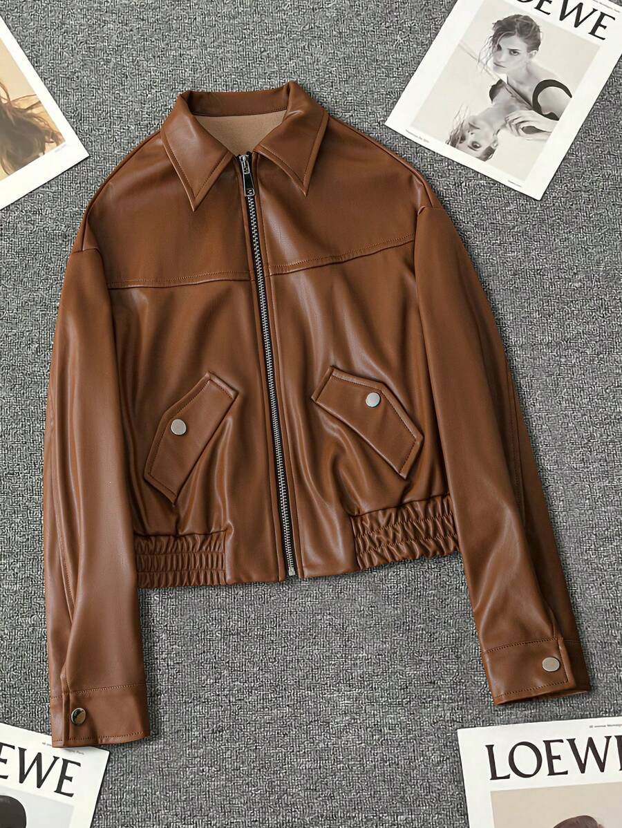Chiquease Wide Lapel Snap Button Panel Stitching Elastic Hem Music Festival Short Leather Jacket