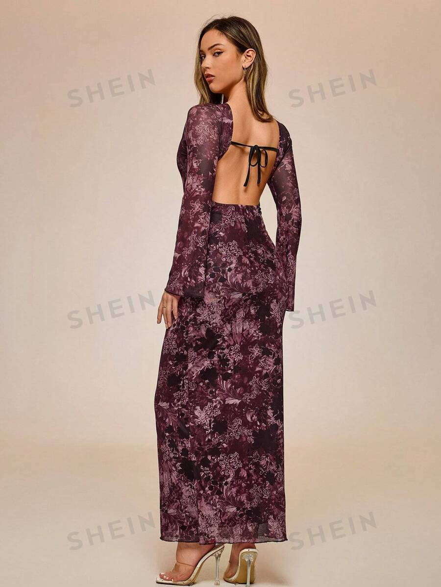 Glamine 1 pieza Vestido con estampado floral elegante en todo el Body, mangas acampanadas, cintura con lazo y espalda descubierta, atuendo para fiesta de Navidad