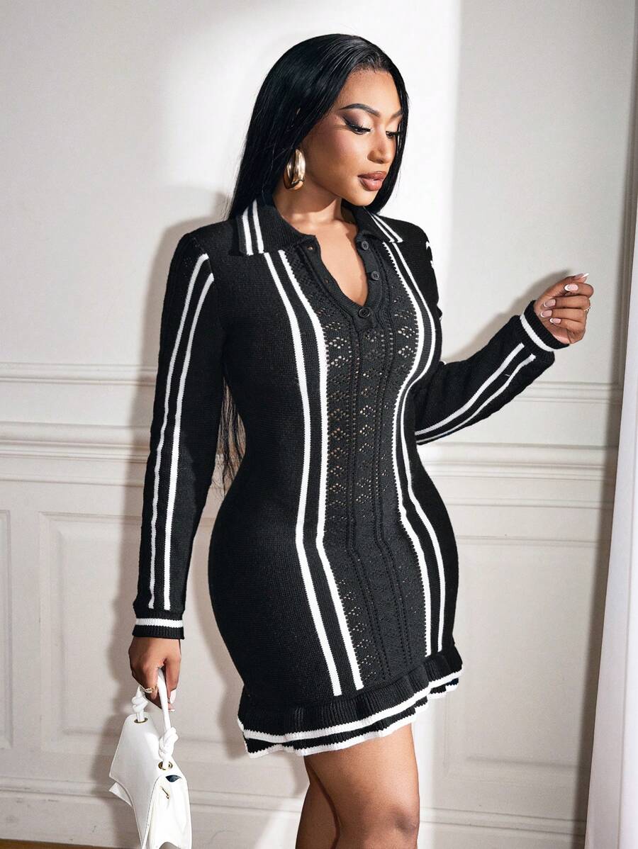 BamGleam Women Sweater Dress Casual Knitted Long Sleeve V-Neck Black White Striped Mini Bodycon Party Dress, Suitable For All Seasons