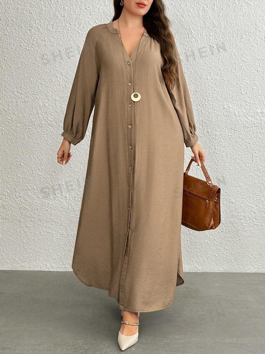 SHEIN LUNE Vestido casual largo de manga larga con botones frontales y escote en V de unicolor para mujer de talla grande