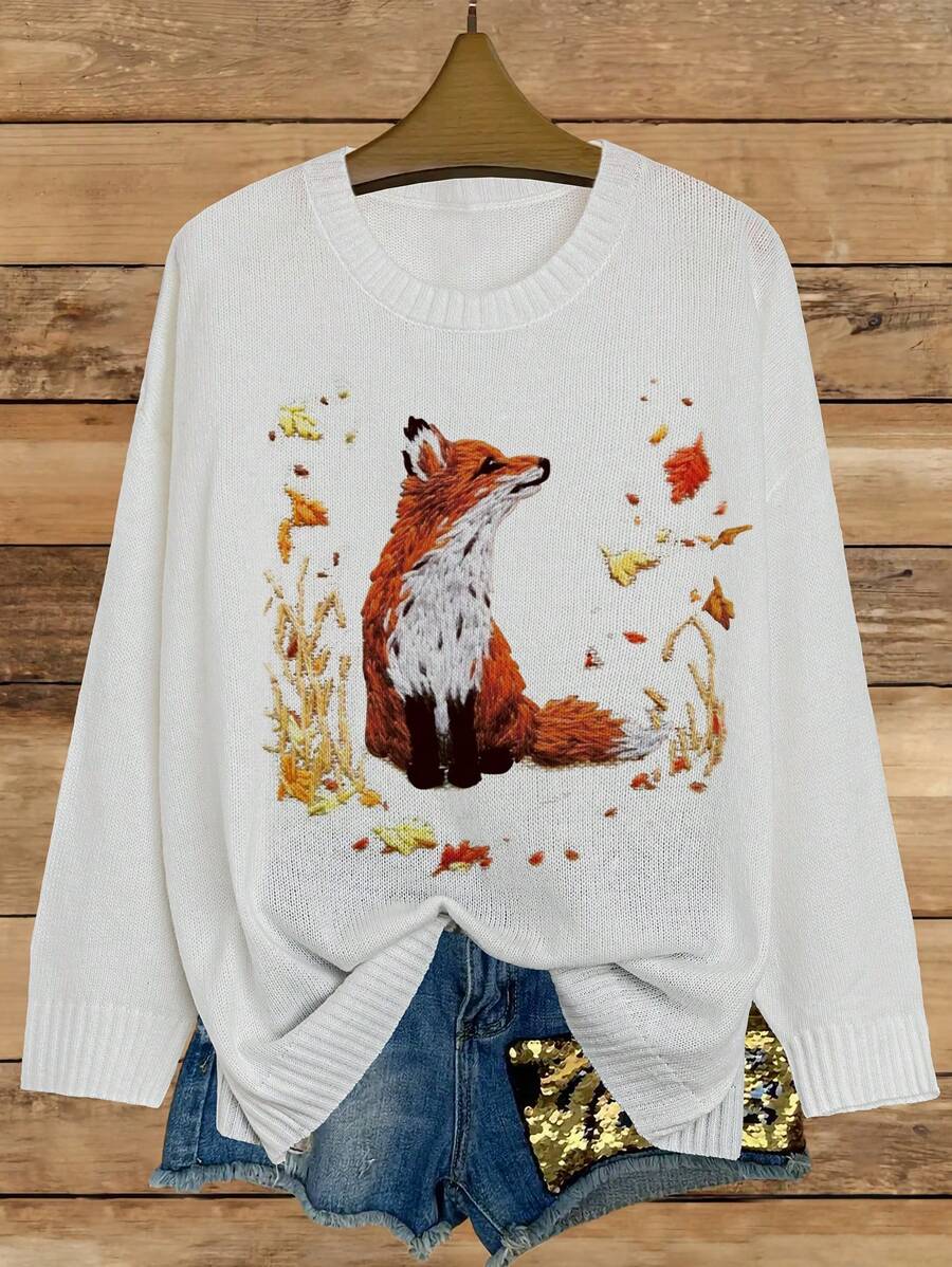 SHEIN CURVE+ Plus Size Crew Neck Long Sleeve Graphic Detail Minimalist Sweater, Casual For Everyday Wear