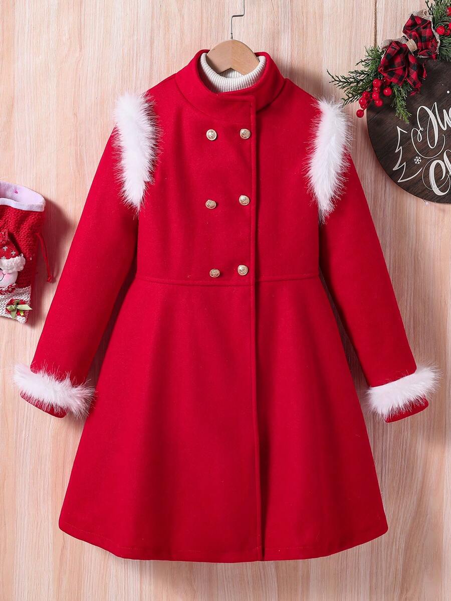 SHEIN Abrigo de niñas preadolescentes de doble botonadura tipo británico, falso y cálido, y elegante para el invierno