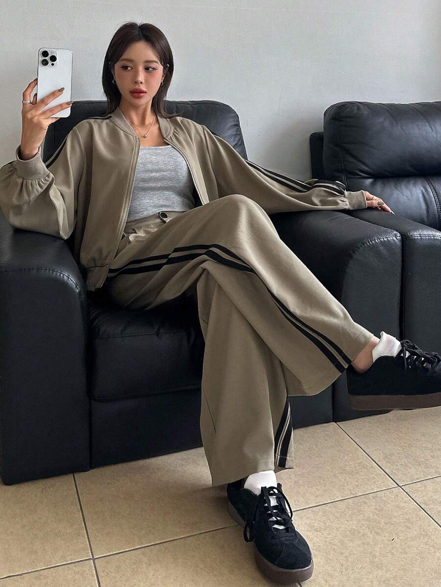 DAZY 2pcs Women Contrast Color Strap Jacket & Wide Leg Pants Set,Fall Clothes