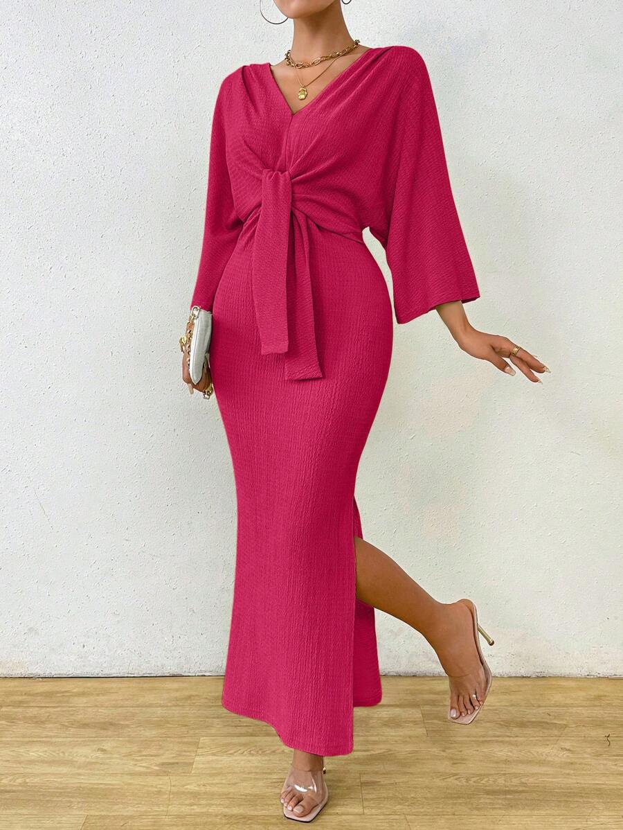 SHEIN Clasi 1pc Women Plain Color Long Sleeve Front Tie Slit Simple Casual Dress Maxi Women Outfit
