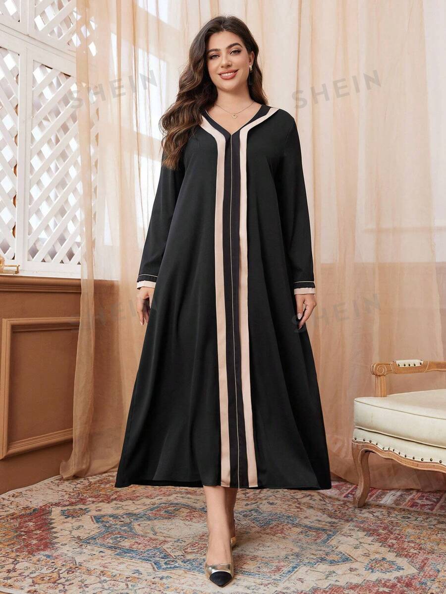 Al Najma Vestido largo con cuello en V y parches, vestido casual holgado y modesto de manga larga para otoño/invierno en tallas grandes