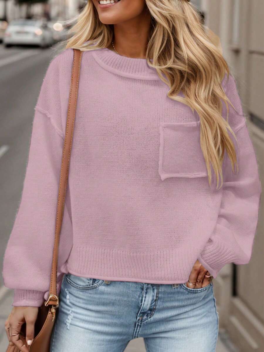 SHEIN LUNE Autumn New Solid Color Frayed Pocket Long Sleeve Top Women Casual Pullover Sweater