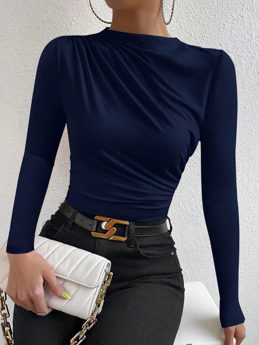 Calvaya Women's Solid Color Stand Collar Long Sleeve Pleated Casual T-Shirt, Autumn