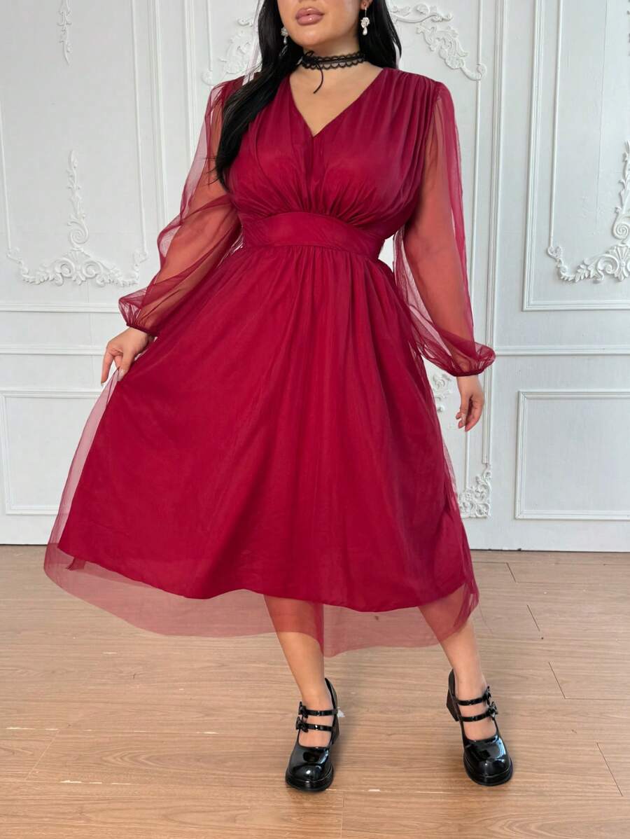 Celure Vestido romântico de tule transparente de cintura marcada, cor sólida, elegante e vintage, em Plus Size