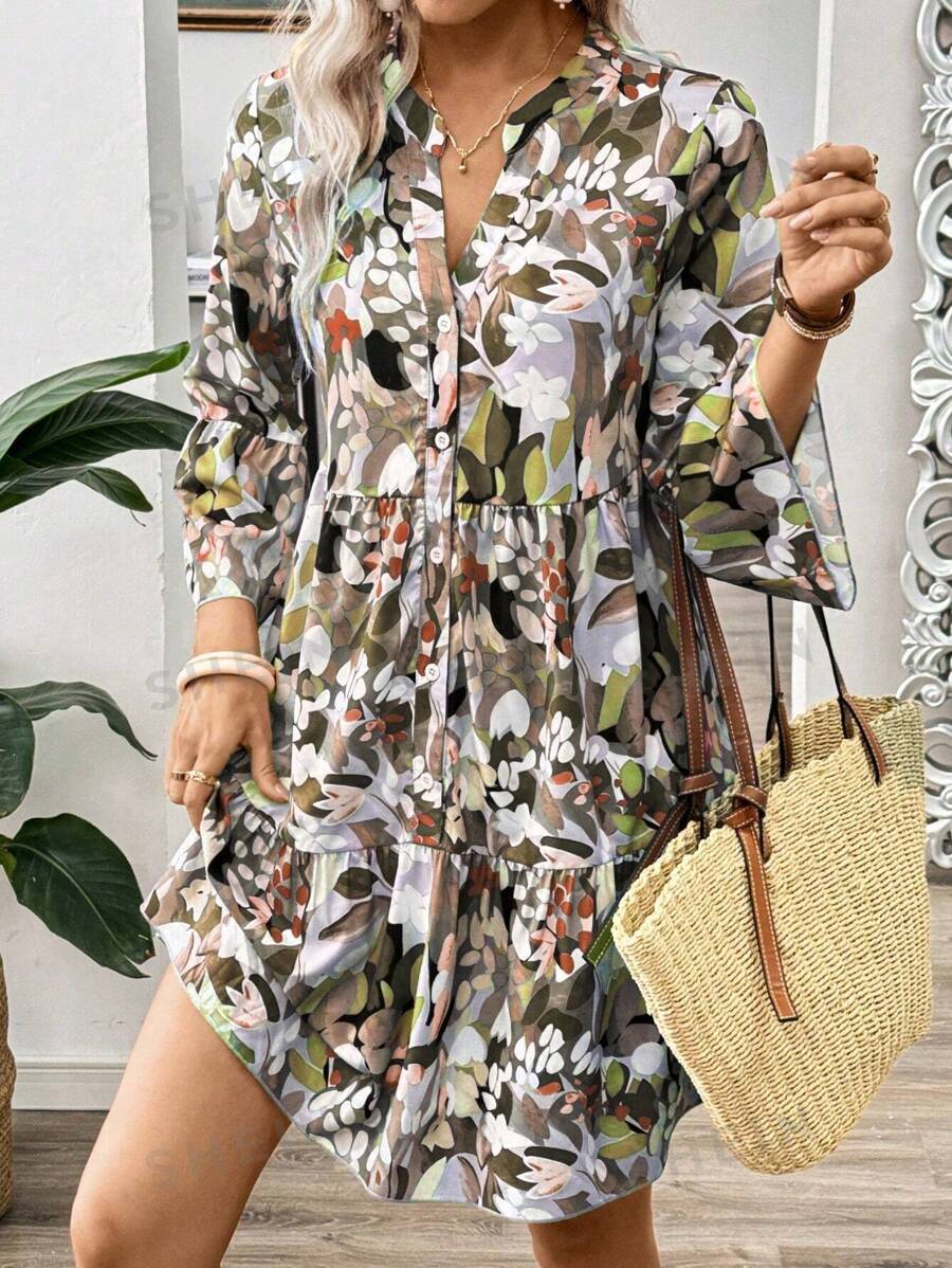 SHEIN LUNE Vestido informal de vacaciones con botones frontales y estampado floral todo sobre todo