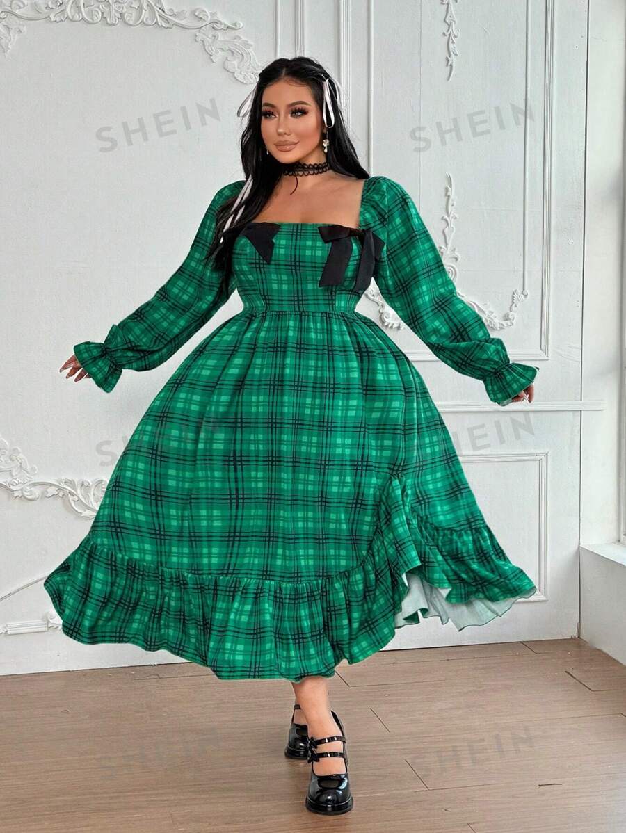 Lyrianda Vestido midi de manga abullonada, tipo fluido, con lazo a la cintura y estampado de cuadros verdes para mujer de talla grande